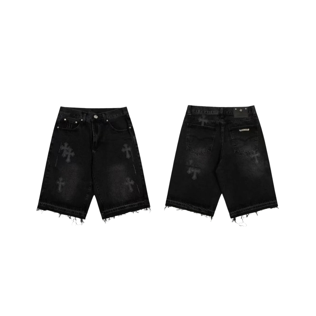 Chrome Hearts Cross Patch Denim Jorts - Washed Black