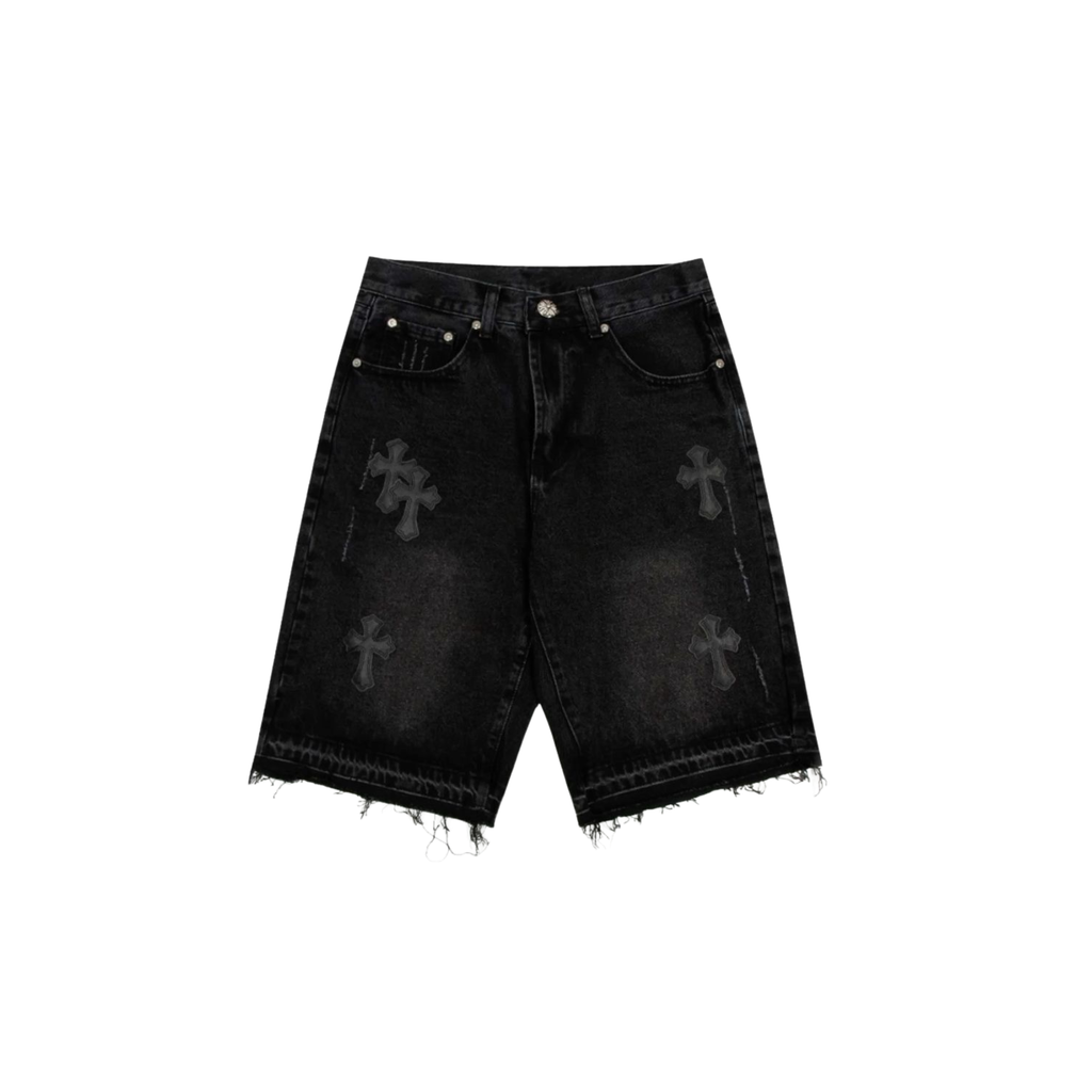 Chrome Hearts Cross Patch Denim Jorts - Washed Black